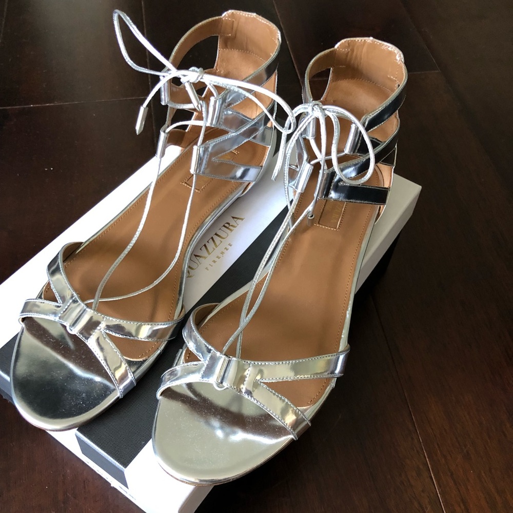 LIKE NEW AQUAZURRA SILVER METALLIC SANDALS. Worn a few times.